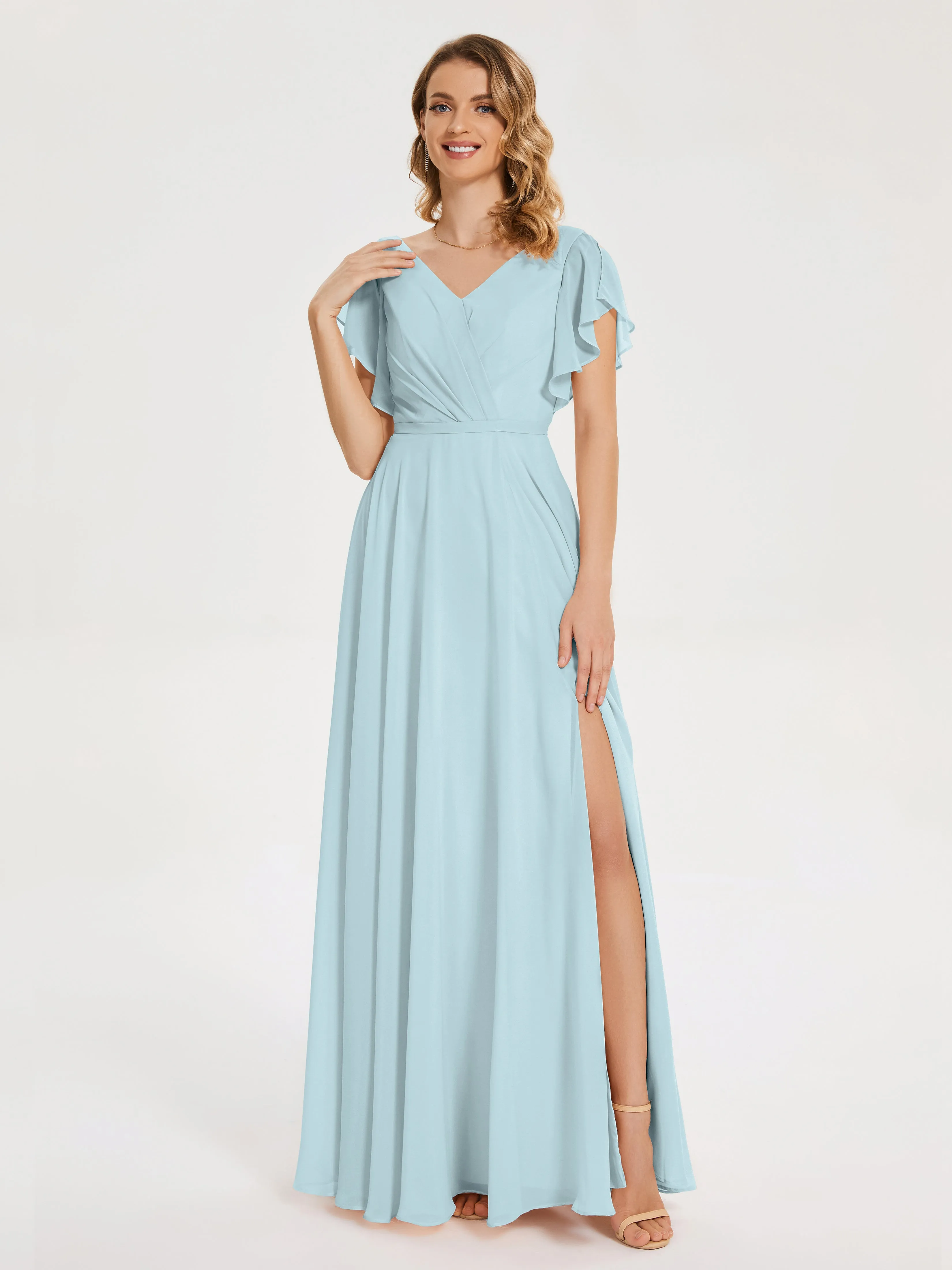 Mist Bridesmaid Dresses Kate Charming V Neck Split Chiffon Bridesmaid Dresses