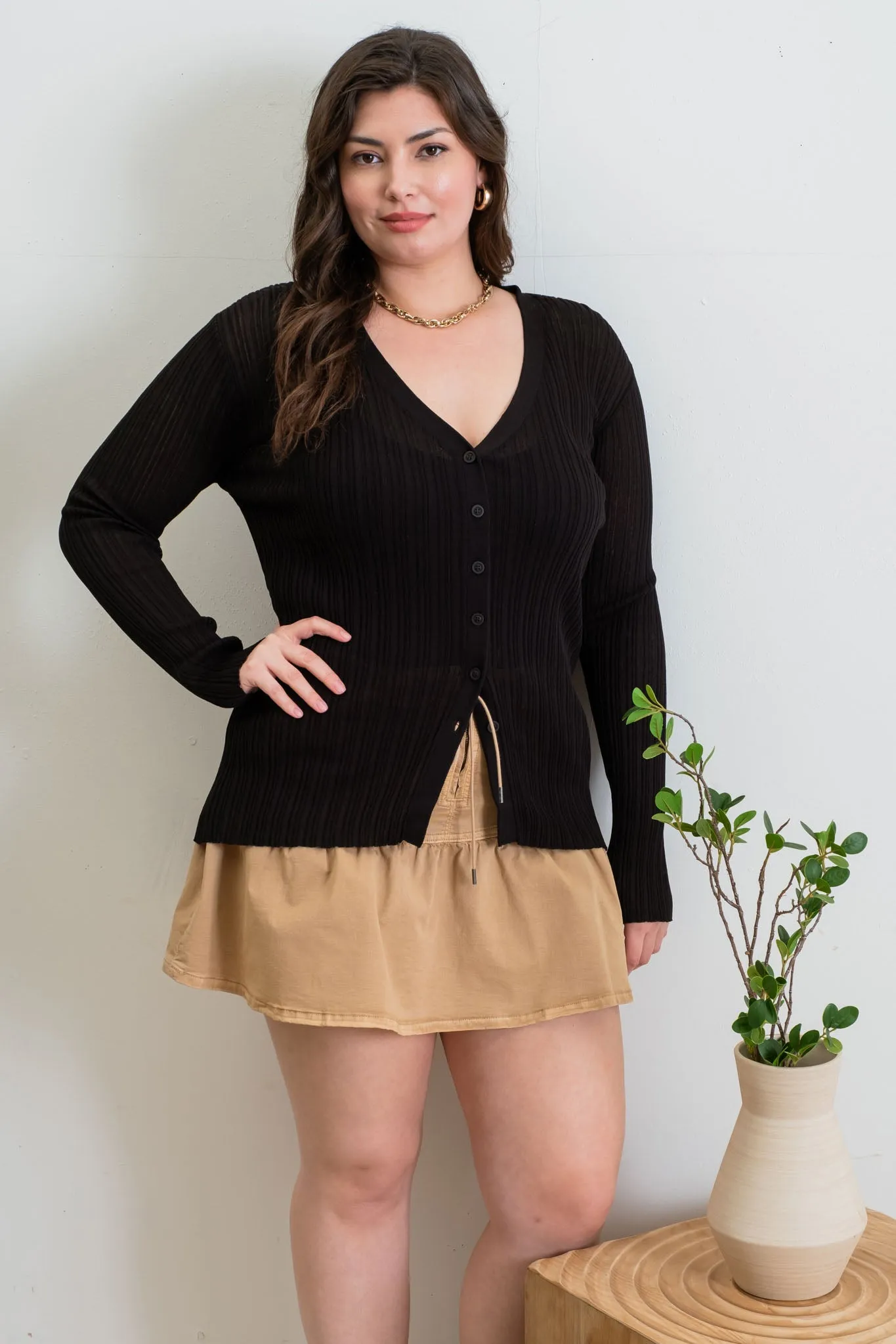 PLUS V NECK BUTTON DOWN KNIT CARDIGAN