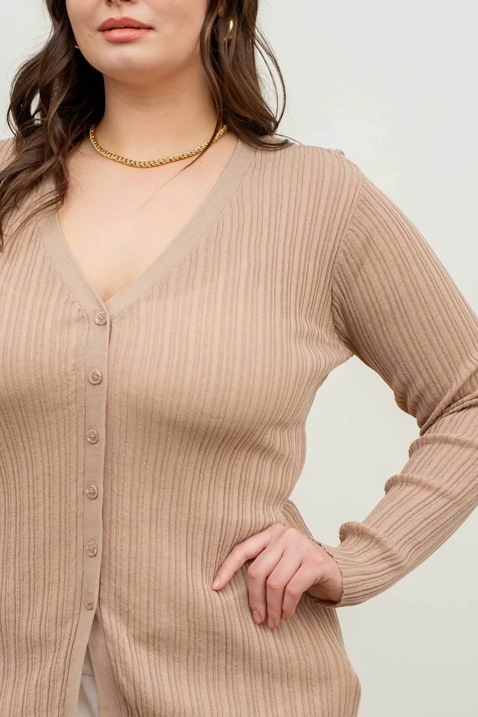 PLUS V NECK BUTTON DOWN KNIT CARDIGAN