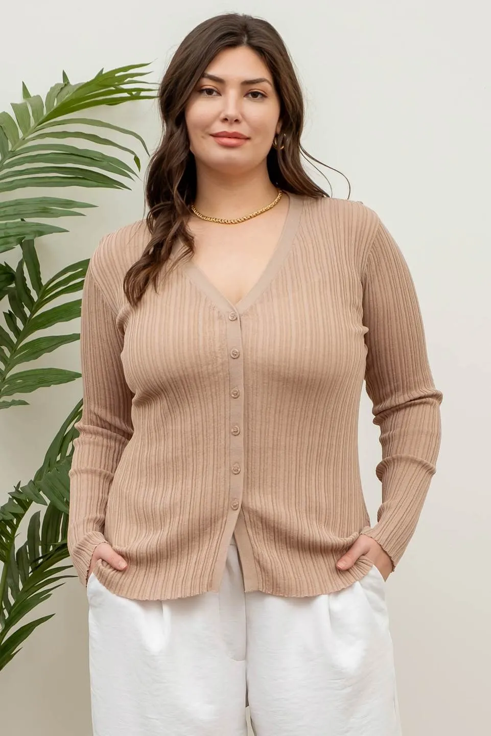 PLUS V NECK BUTTON DOWN KNIT CARDIGAN