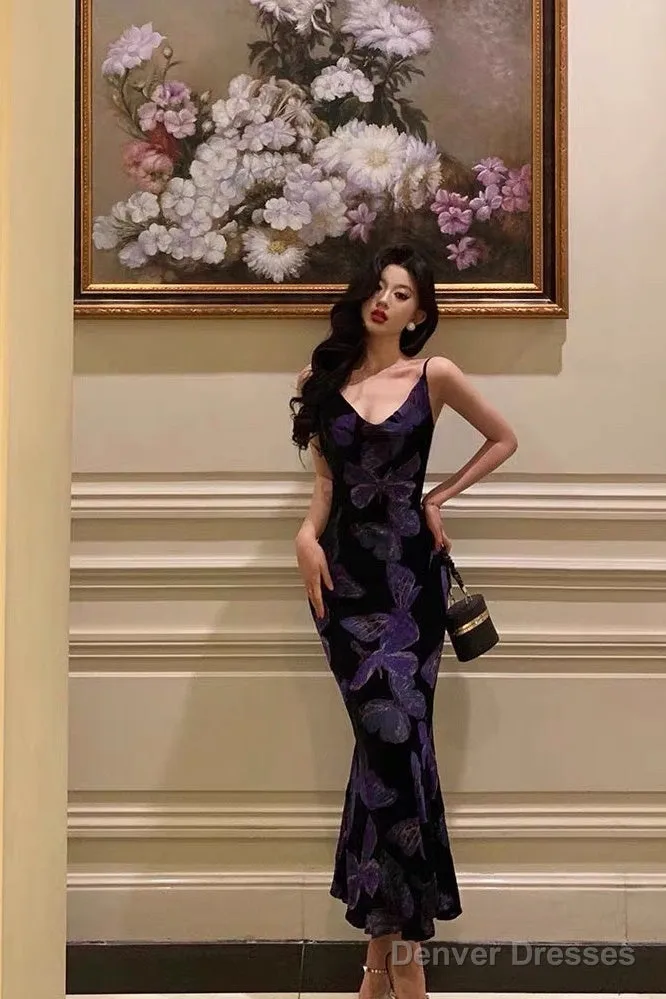 Sexy Sheath Spaghetti Straps Floral Grape Butterfly Fold Long Prom Dresses Birthday Outfits