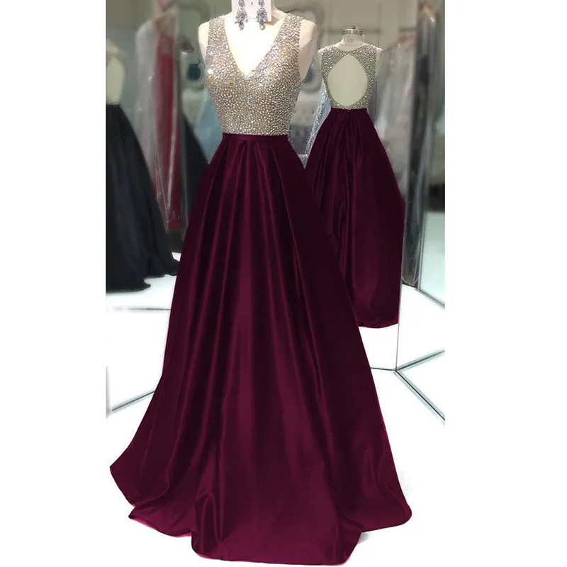 Siaoryne LP037 Long Sexy V Neck Beading Crystal Prom Dress Long Evening Gowns