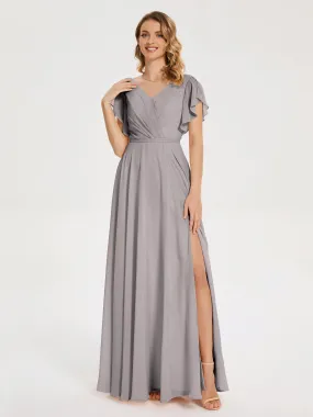 Silver Bridesmaid Dress Kate Charming V Neck Split Chiffon Bridesmaid Dresses