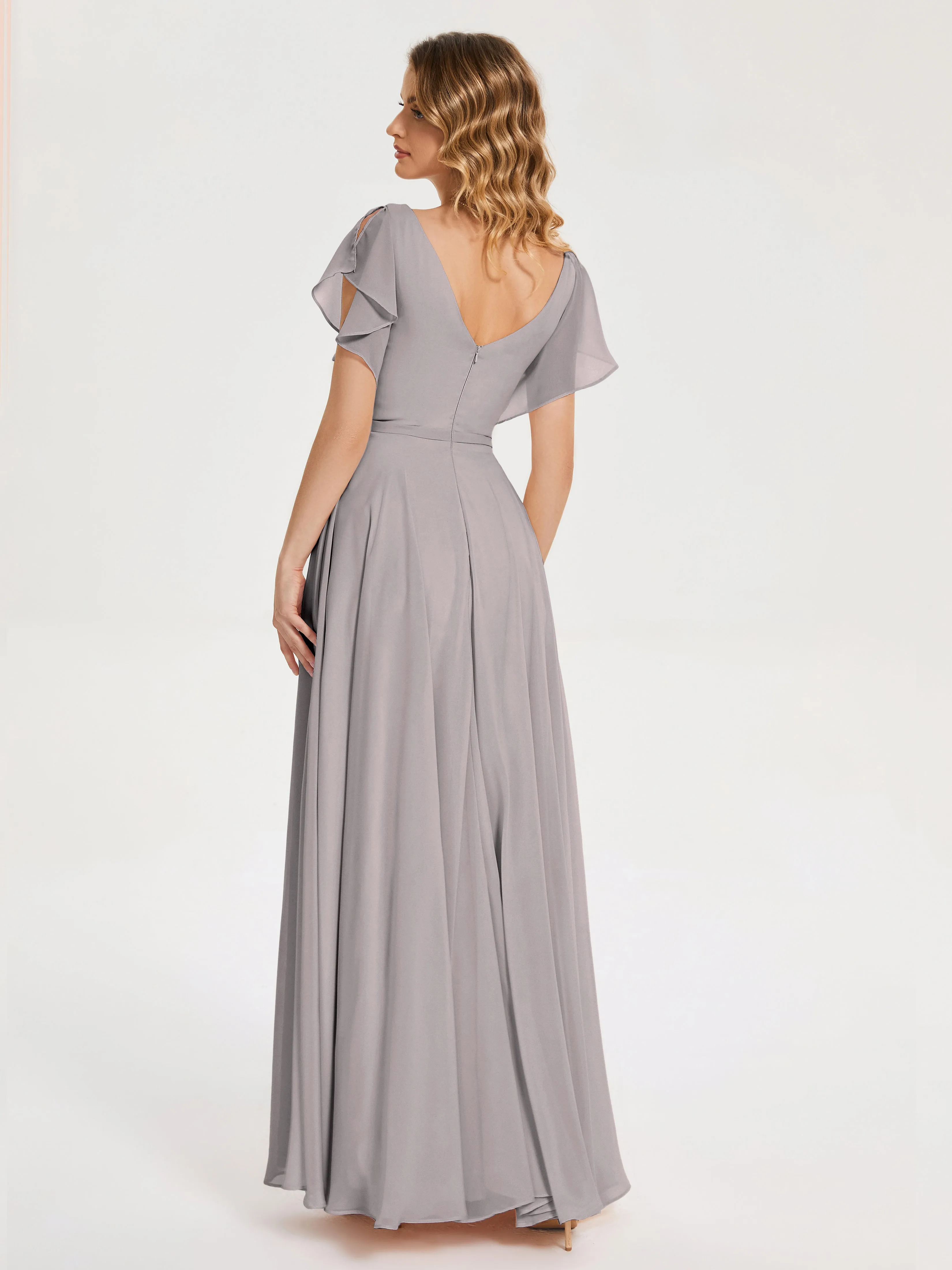Silver Bridesmaid Dress Kate Charming V Neck Split Chiffon Bridesmaid Dresses