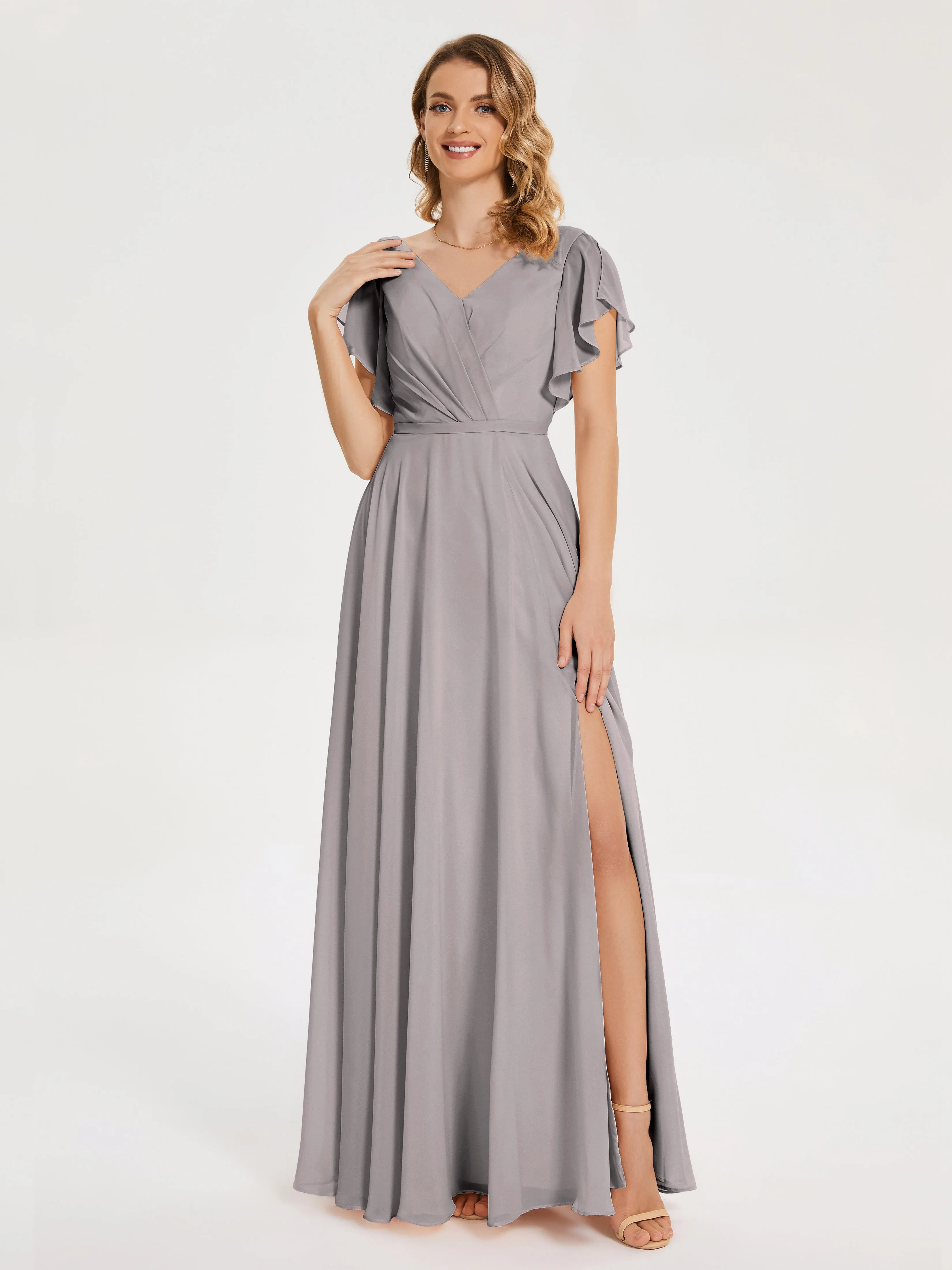 Silver Bridesmaid Dress Kate Charming V Neck Split Chiffon Bridesmaid Dresses