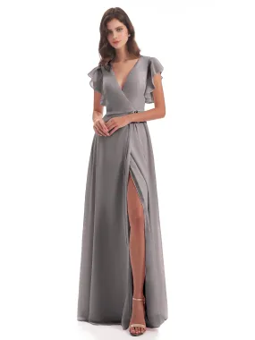 Silver Bridesmaids Dresses Hope Charming V Neck Long Chiffon Bridesmaid Dresses