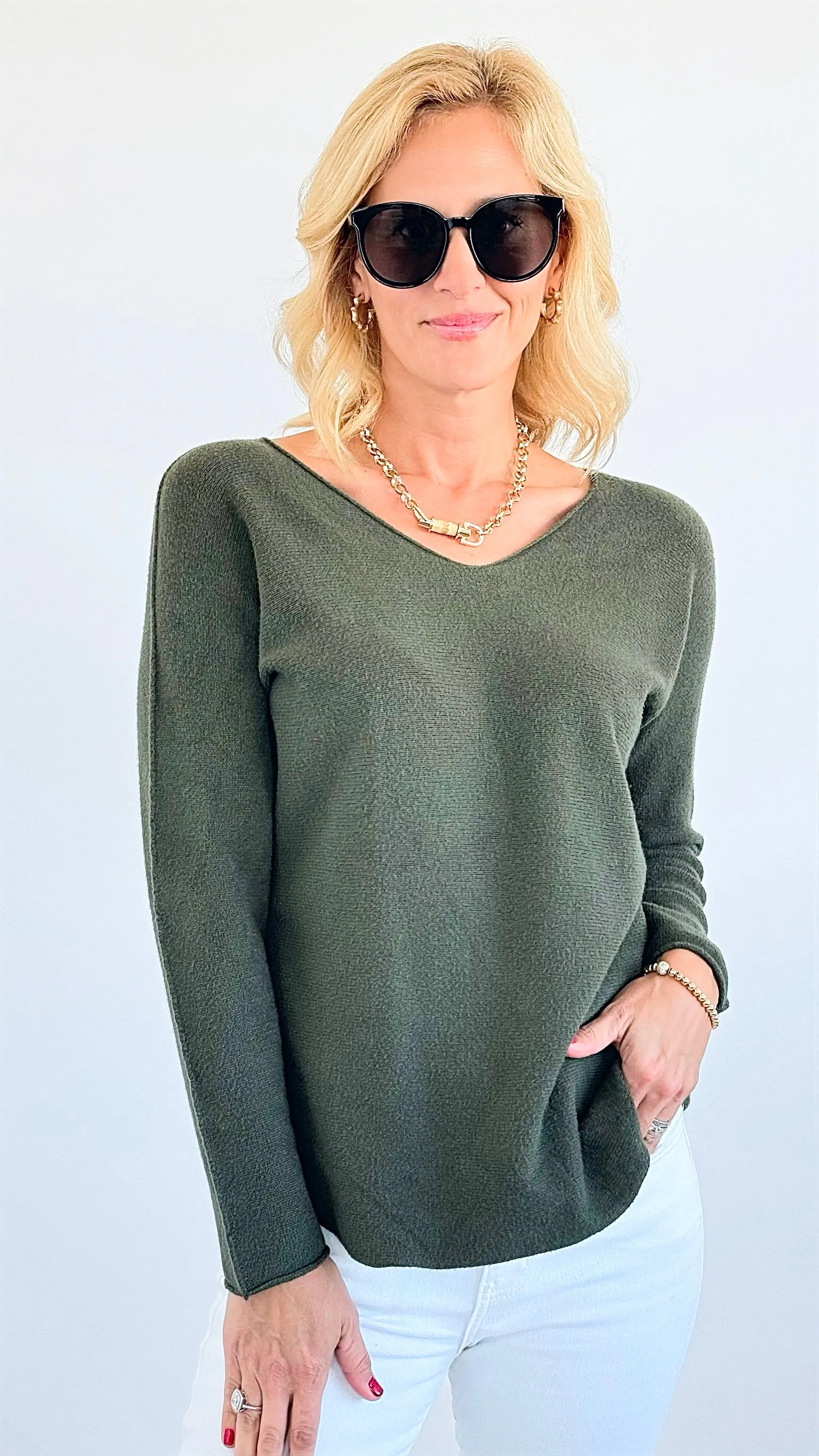 Soho Italian V-Neck Pullover - Olive