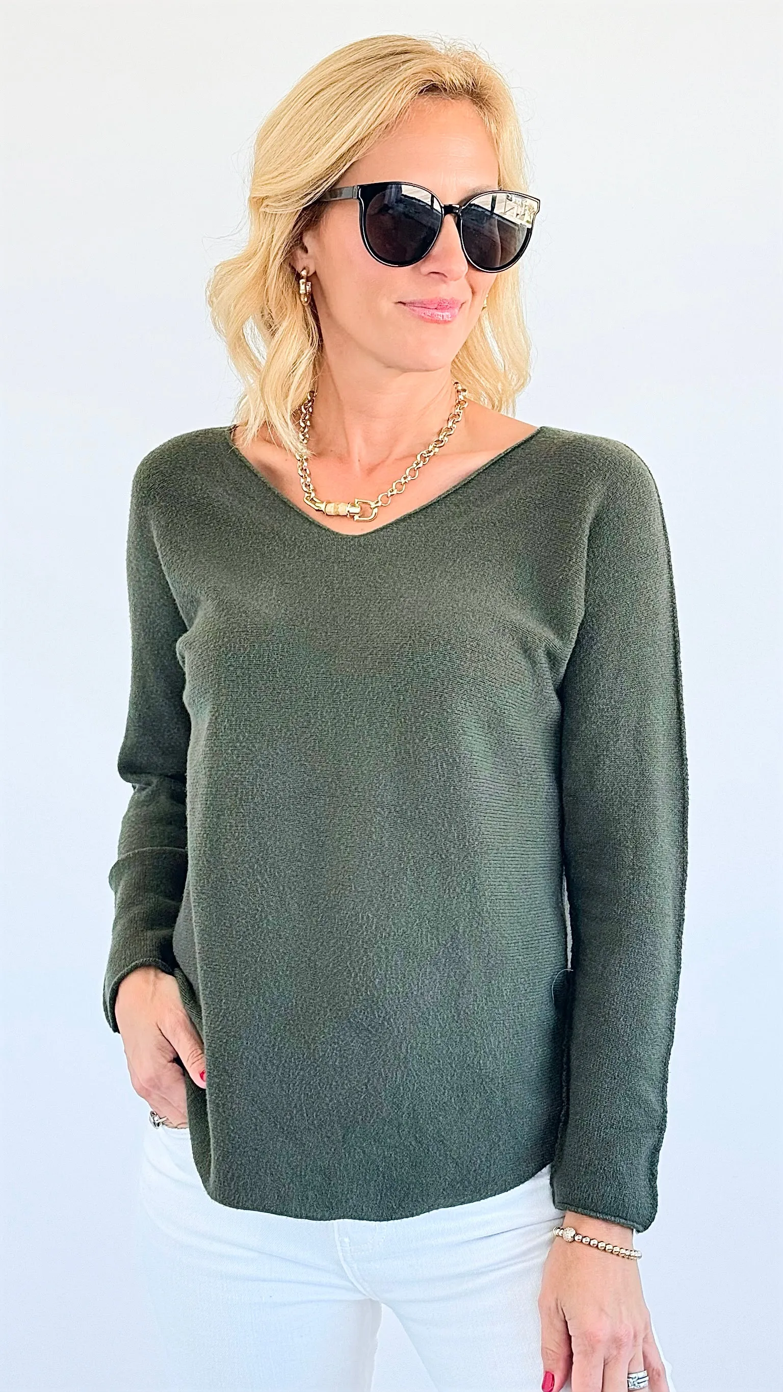 Soho Italian V-Neck Pullover - Olive