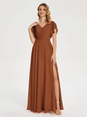 Terracotta Bridesmaid Kate Charming V Neck Split Chiffon Bridesmaid Dresses
