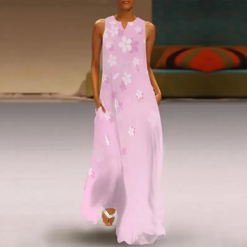 Twirl Like a Boss in Our Pink Floral Sleeveless Dress with Secret Pockets