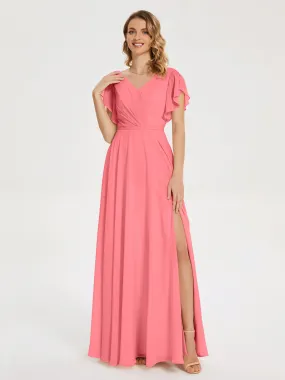 Watermelon Bridesmaid Dress Kate Charming V Neck Split Chiffon Bridesmaid Dresses