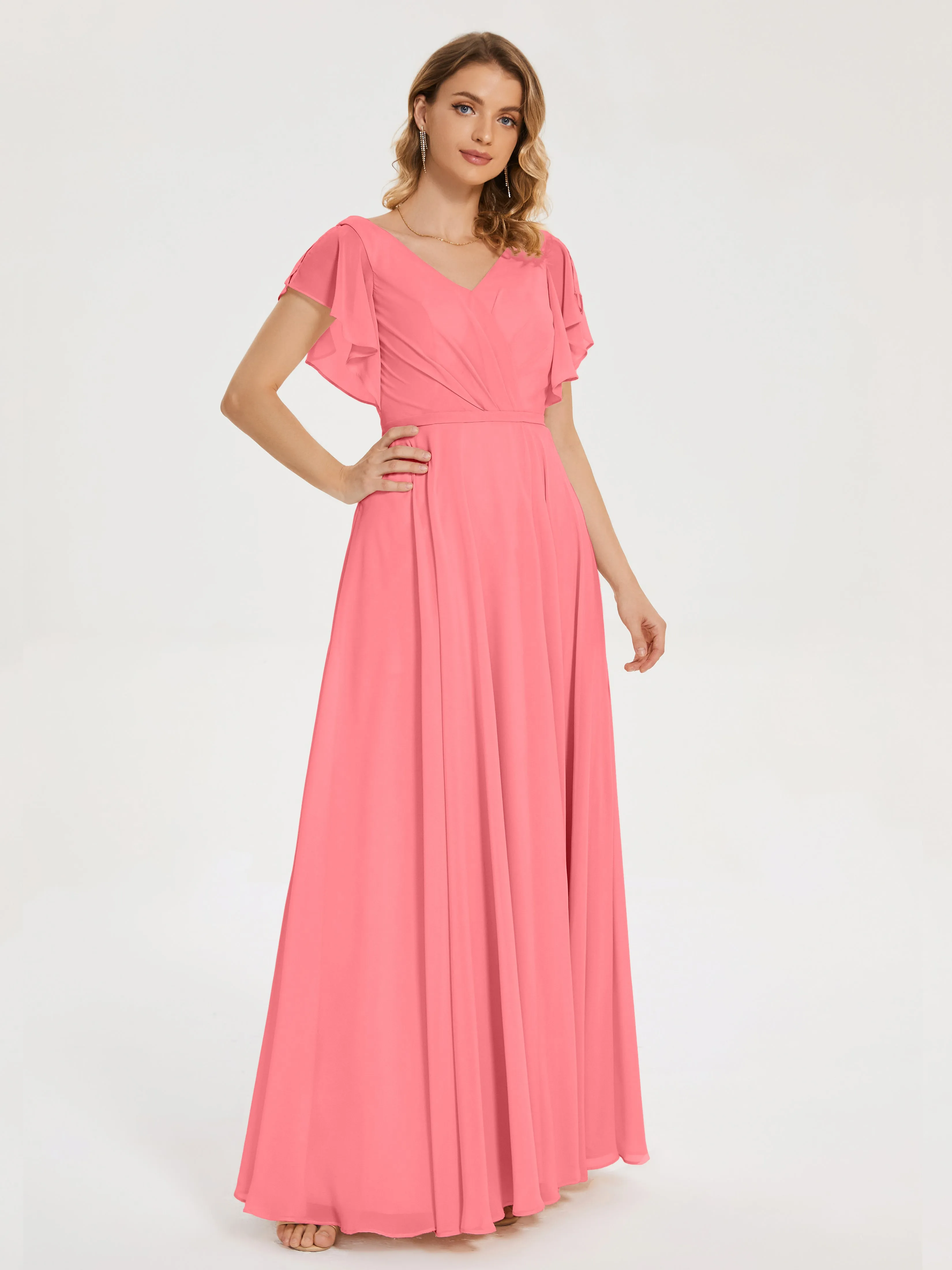 Watermelon Bridesmaid Dress Kate Charming V Neck Split Chiffon Bridesmaid Dresses