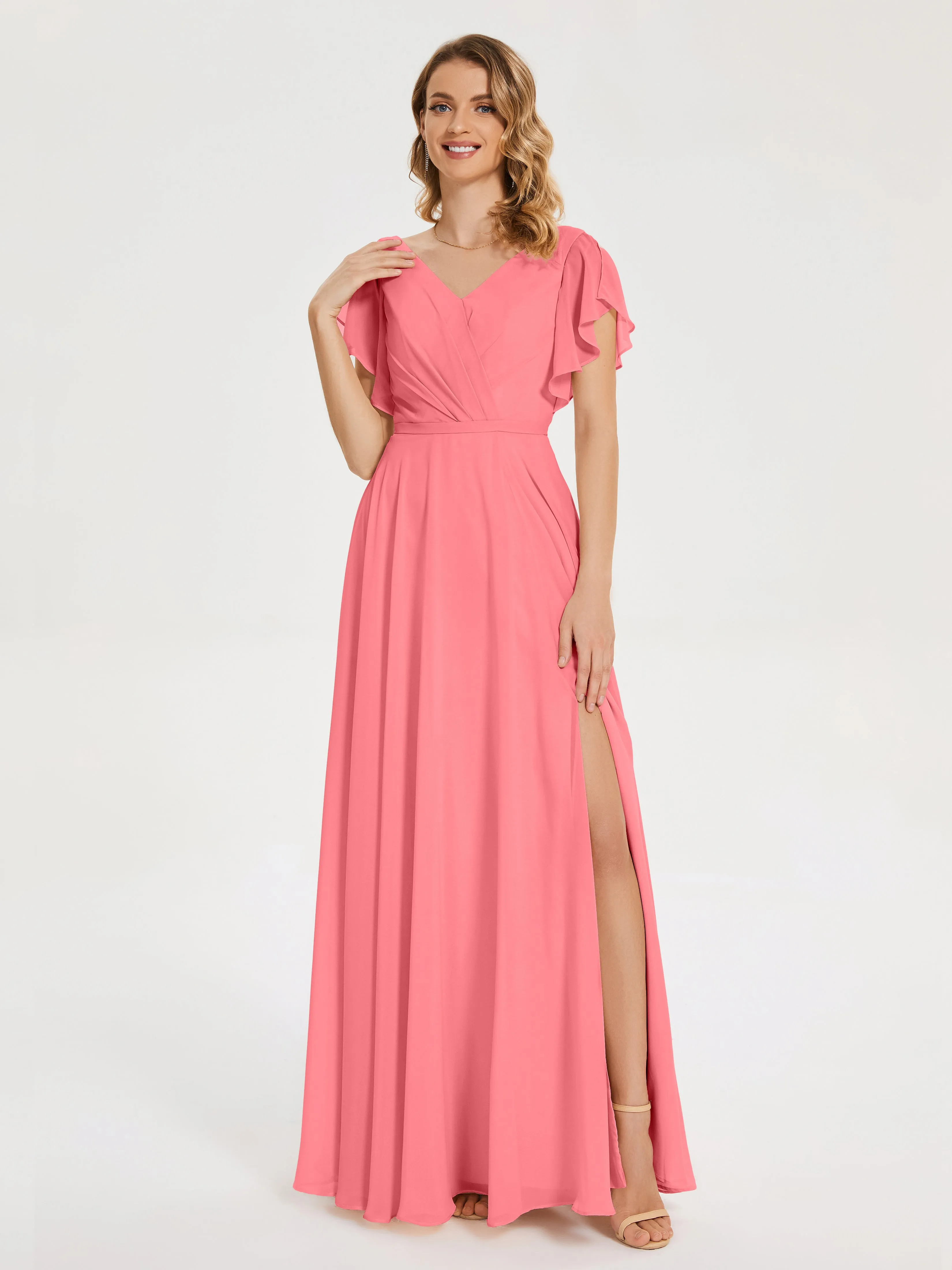 Watermelon Bridesmaid Dress Kate Charming V Neck Split Chiffon Bridesmaid Dresses