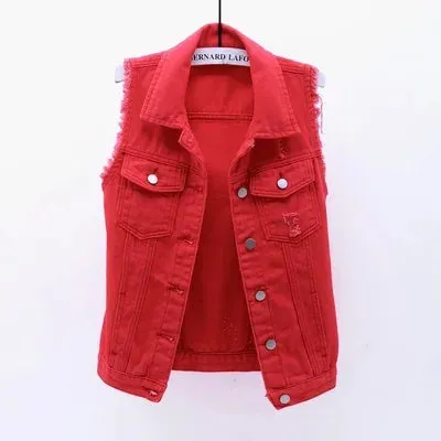 Women big size 6XL Denim Vest Sleeveless Waistcoat Students Casual Tops Jeans Jackets Red Pink Purple Yellow Blue White Jacket