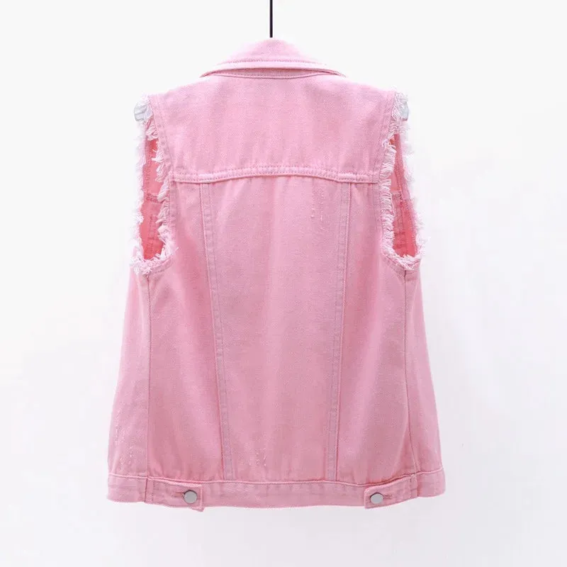 Women big size 6XL Denim Vest Sleeveless Waistcoat Students Casual Tops Jeans Jackets Red Pink Purple Yellow Blue White Jacket