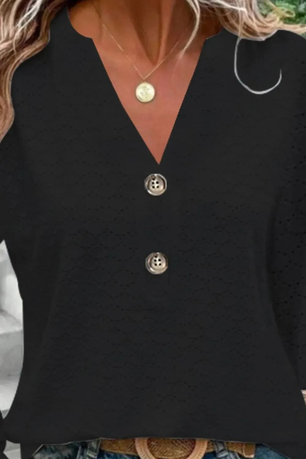 Women's Fashion Casual Solid Color Button V-neck Long Sleeve Top