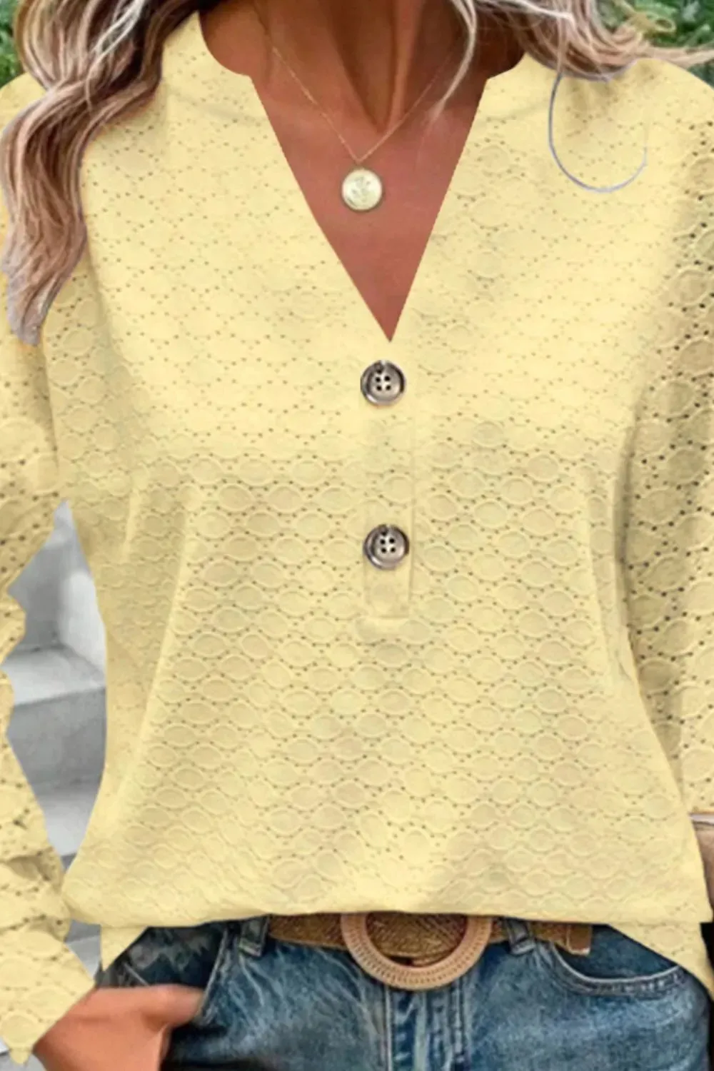 Women's Fashion Casual Solid Color Button V-neck Long Sleeve Top