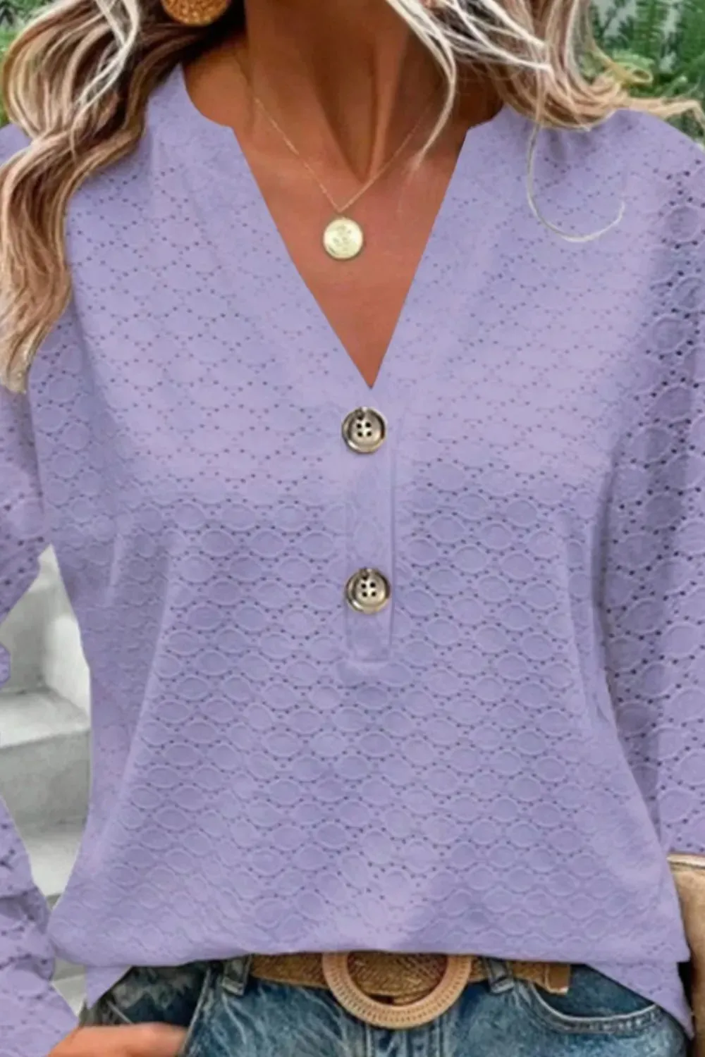 Women's Fashion Casual Solid Color Button V-neck Long Sleeve Top