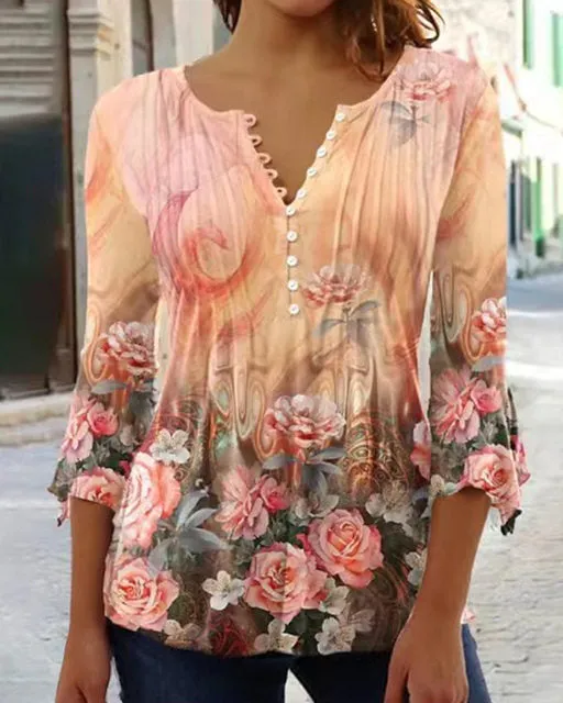 Women's Summer Floral Ruffle V-Neck 3/4 Sleeve Button T-Shirt Tunic Loose Casual Tops   S5006960