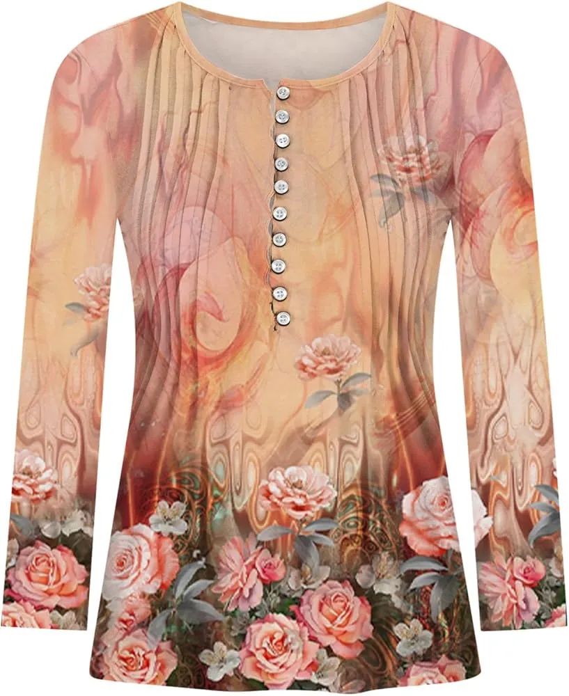 Women's Summer Floral Ruffle V-Neck 3/4 Sleeve Button T-Shirt Tunic Loose Casual Tops   S5006960